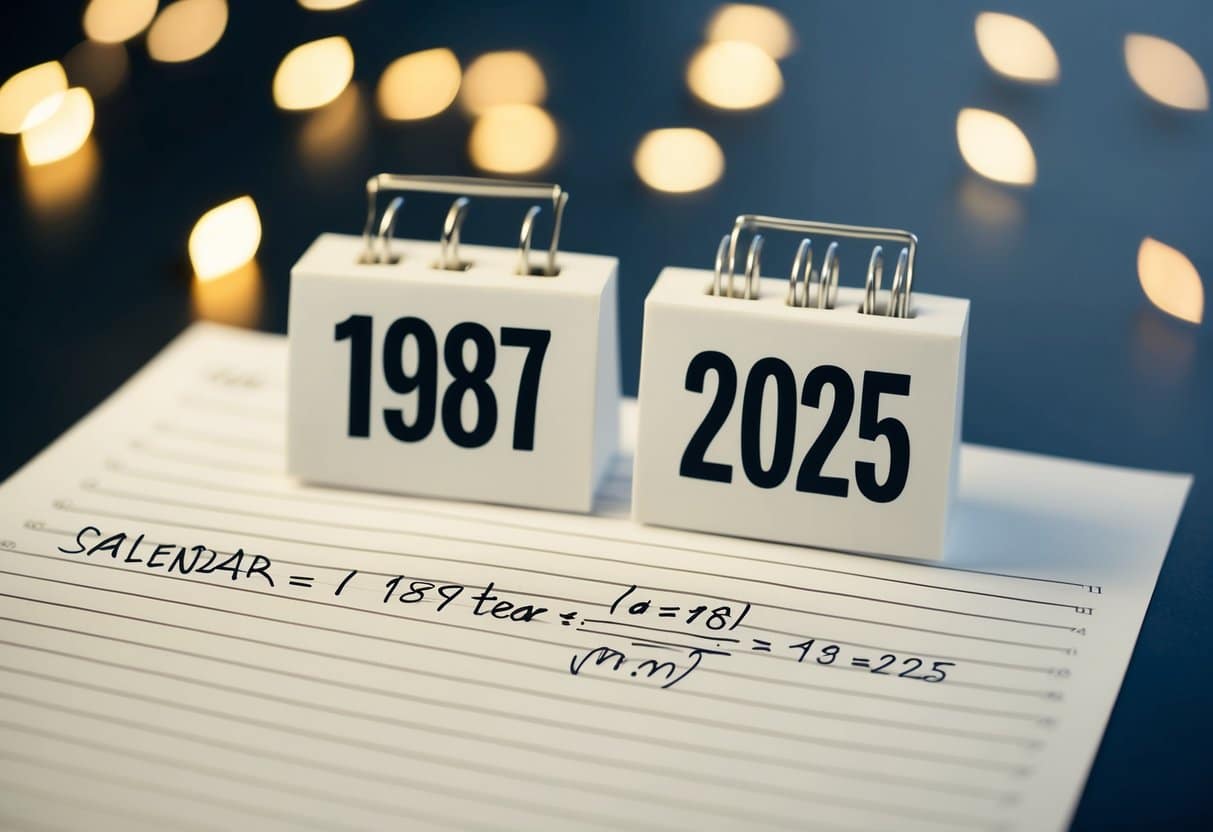 Um calendário mostrando os anos de 1987 e 2025 com uma equação matemática escrita em um pedaço de papel