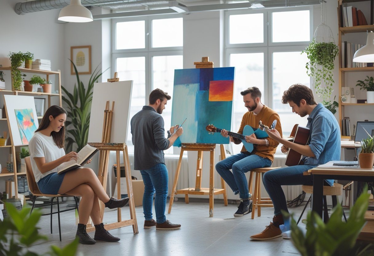 Grupo de pessoas em um espaço moderno realizando diferentes atividades como leitura, pintura, música e trabalho no laptop.