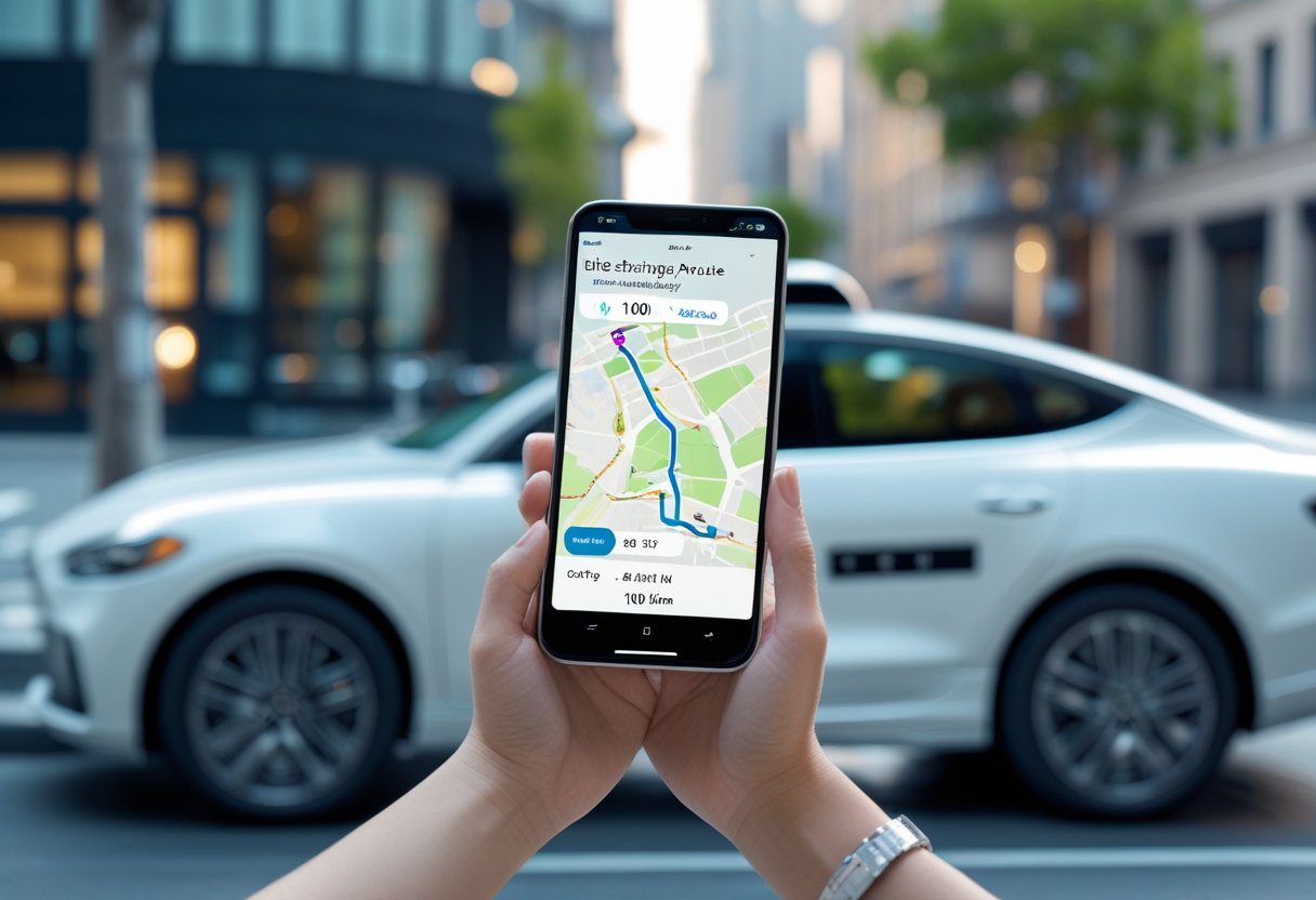 Pessoa segurando um smartphone mostrando um aplicativo de transporte com uma rota de 100 quilômetros, com um carro estacionado ao fundo em uma rua da cidade.