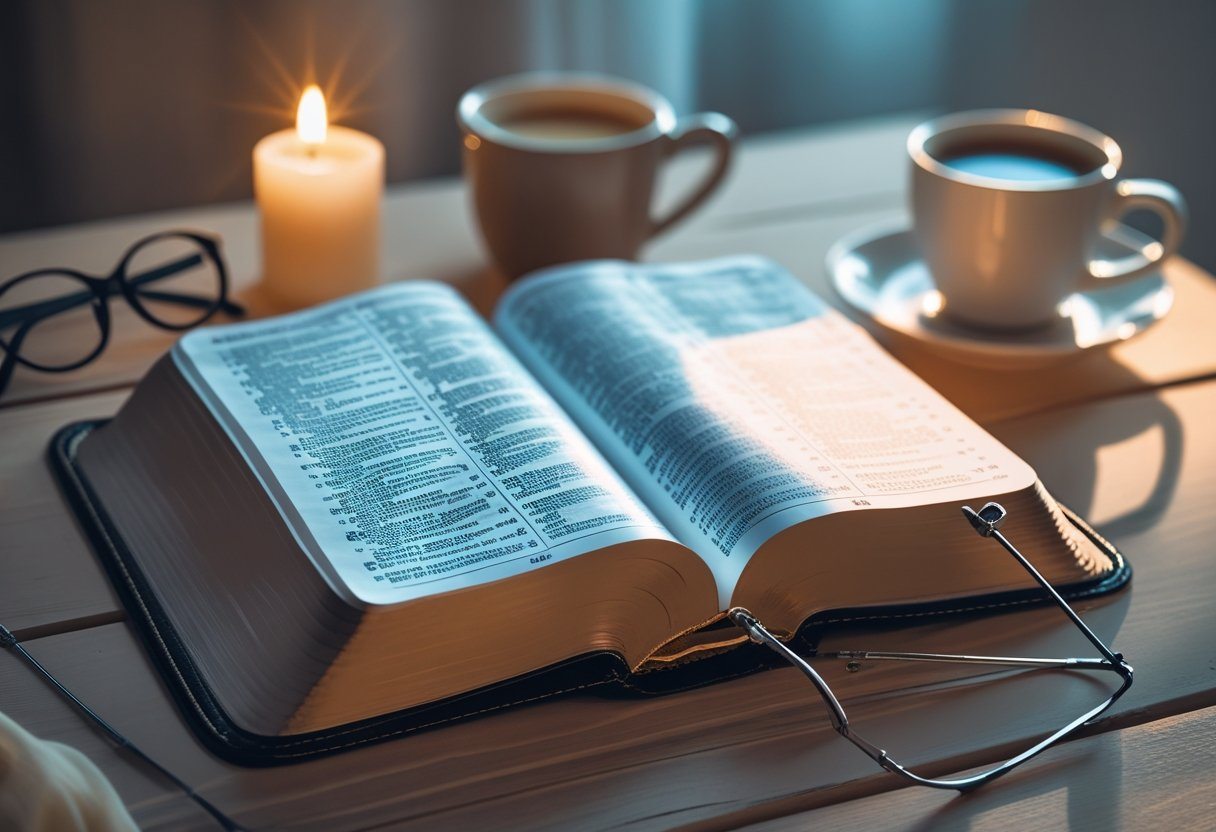 Uma Bíblia aberta sobre uma mesa de madeira com óculos de leitura, uma vela acesa e uma xícara de café ao redor.