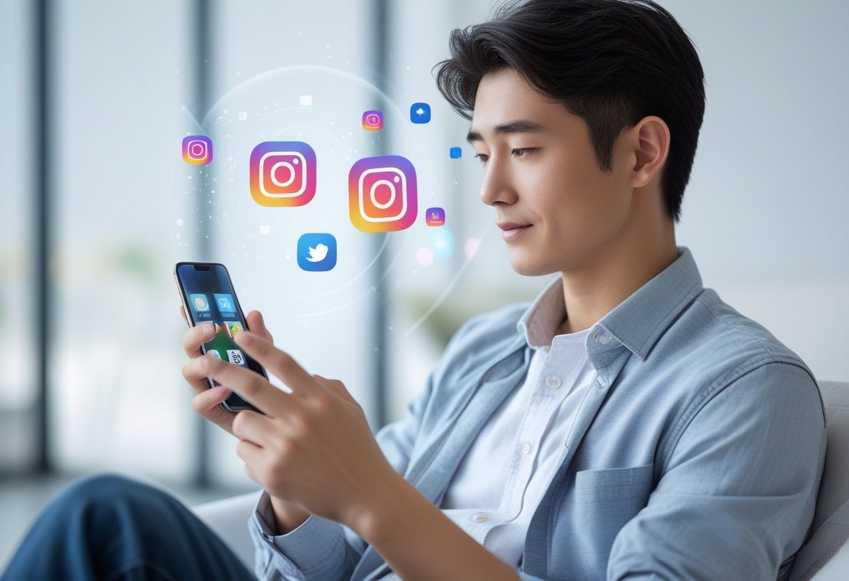 Pessoa jovem usando um smartphone em um ambiente interno moderno, interagindo com redes sociais.