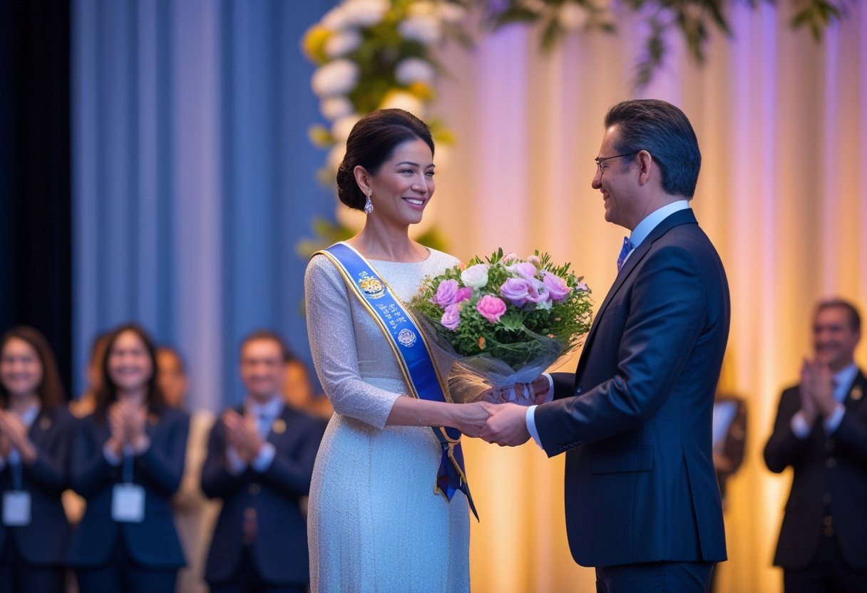 Mulher elegante recebendo homenagem em um evento formal, cercada por pessoas aplaudindo.
