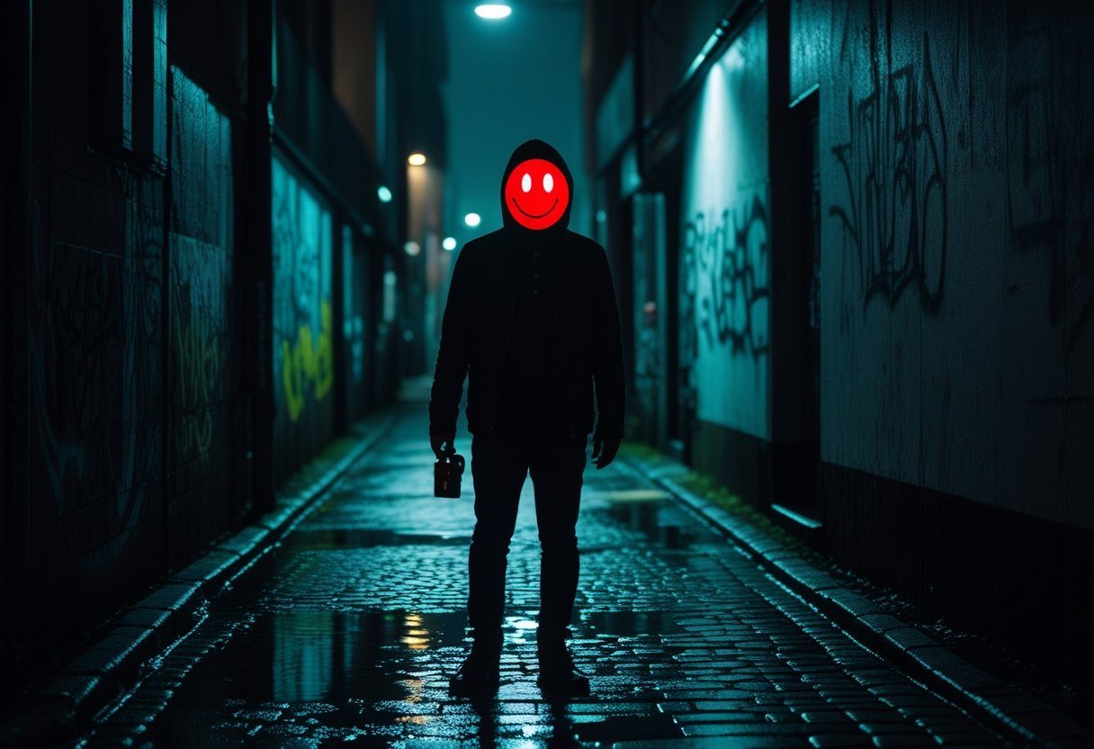 Figura sombria usando uma máscara de rosto sorridente vermelho em um beco urbano à noite.