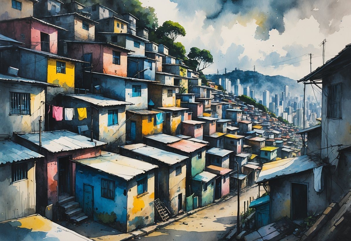 Vista de uma favela densa e colorida em Guarulhos, com casas pequenas e ruas estreitas em uma encosta, mostrando a vida urbana e a comunidade local.