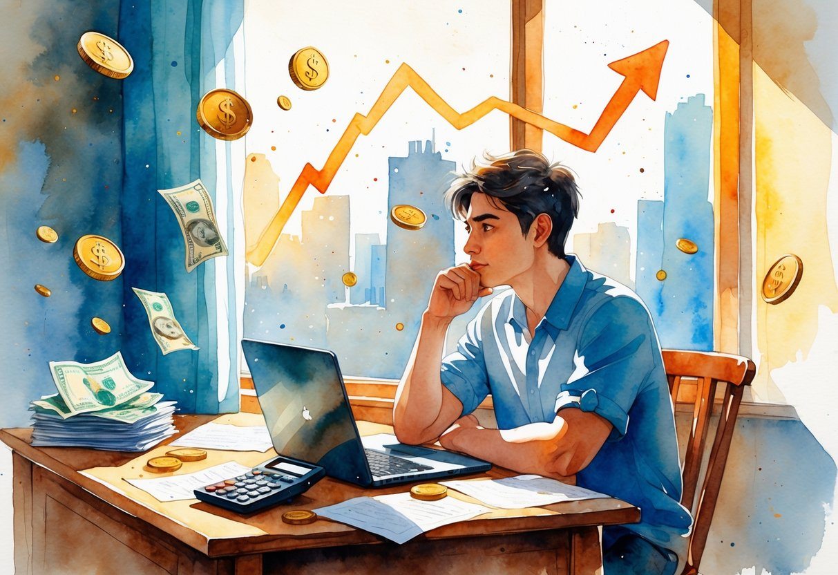 Um jovem sentado em uma mesa com papéis, laptop e calculadora, em um quarto iluminado, pensando sobre finanças.