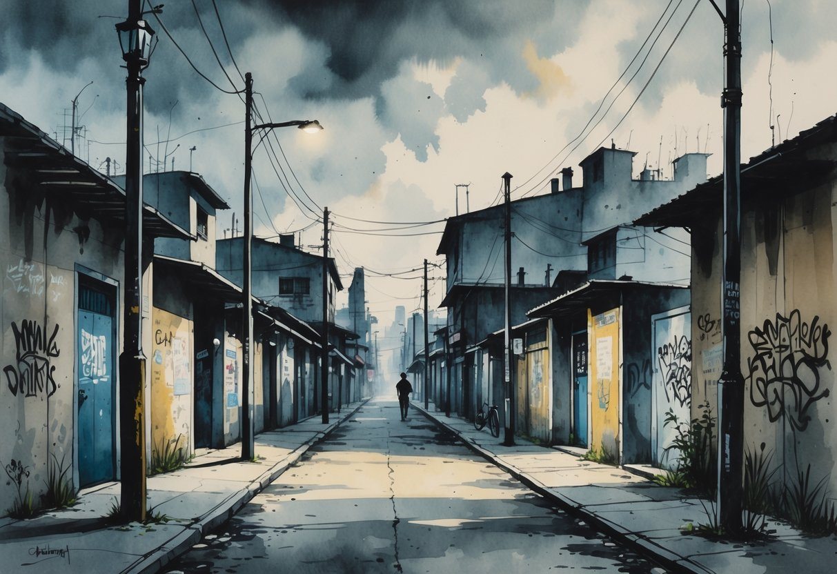 Cena urbana mostrando ruas estreitas e prédios simples e desgastados, com poucas pessoas e uma atmosfera tensa.