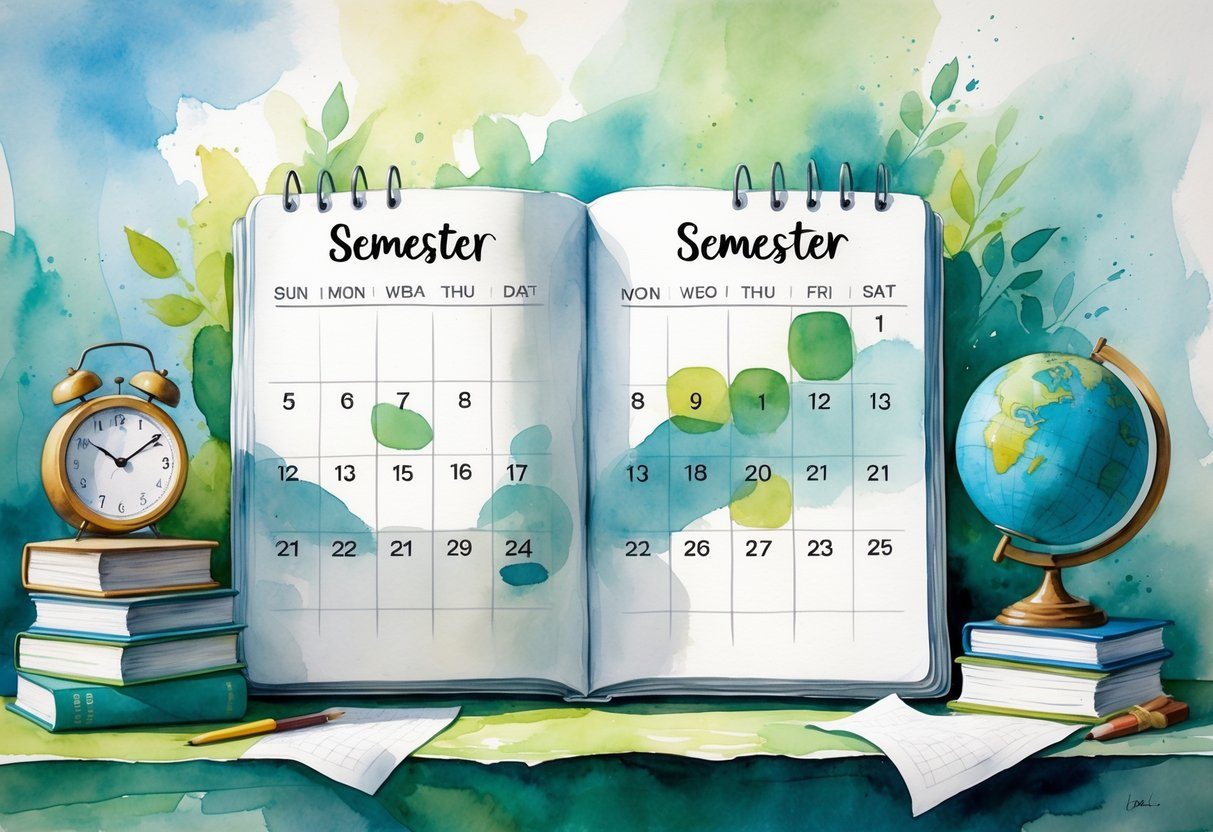 Uma pintura mostrando uma página de calendário com dias agrupados, acompanhada de livros, um relógio e um globo, simbolizando o tempo de um semestre.