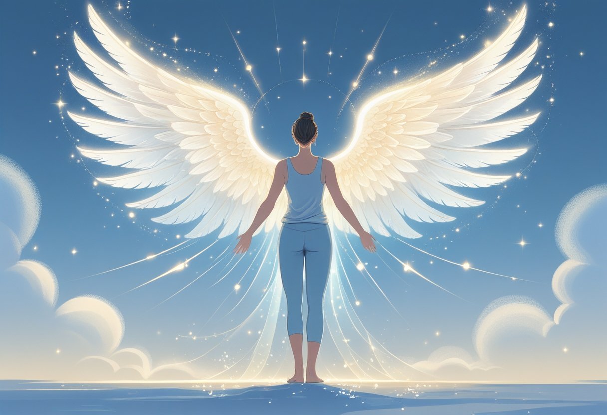 Pessoa com asas luminosas e translúcidas saindo das costas, em um cenário claro que transmite sensação de liberdade e transformação.