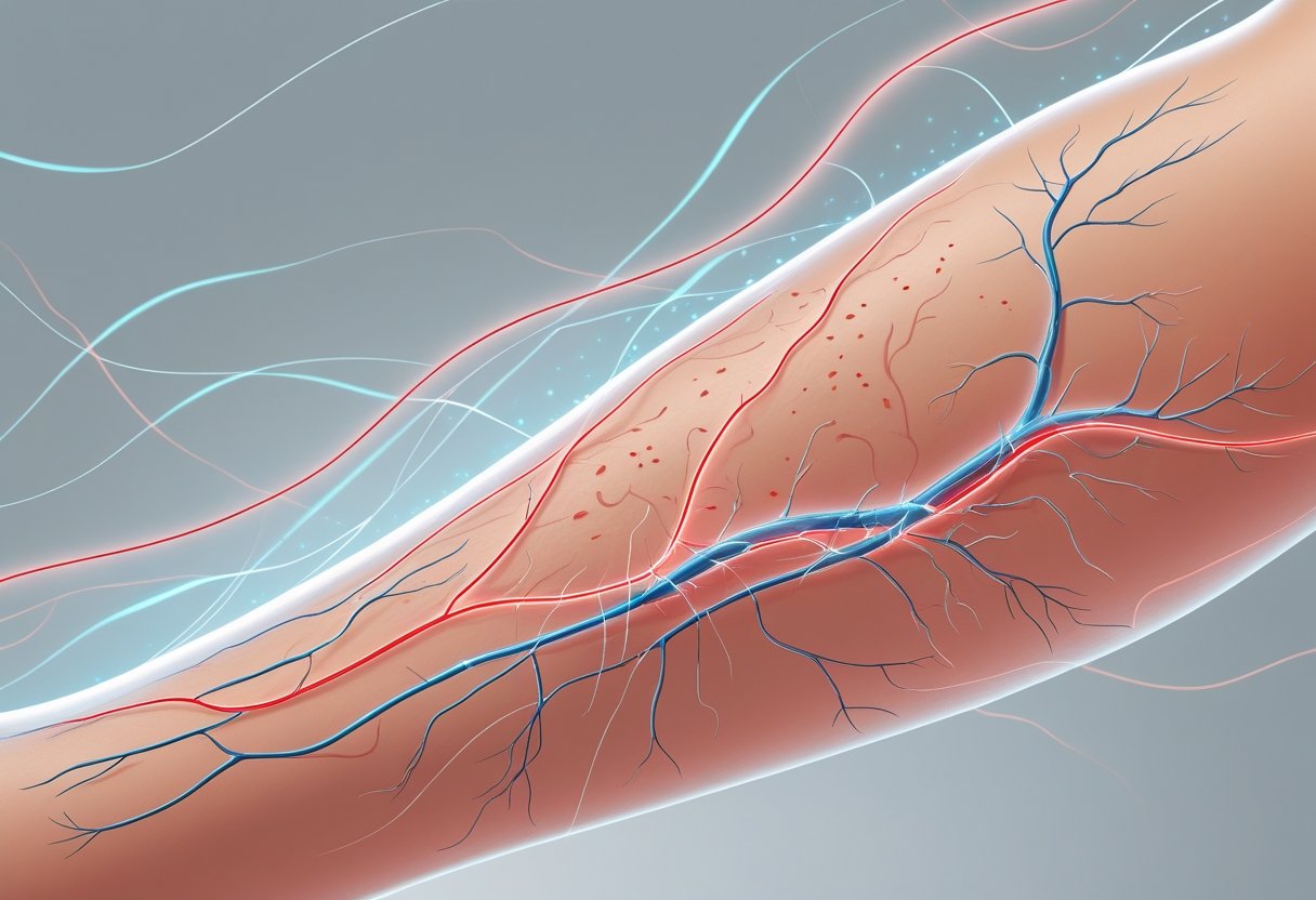 Ilustração de um braço humano com áreas vermelhas indicando coceira e linhas suaves representando sensação de formigamento na pele.