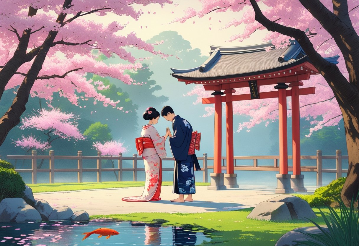 Duas pessoas em trajes tradicionais japoneses se despedindo com uma reverência em um jardim japonês com cerejeiras floridas e um portão torii ao fundo.