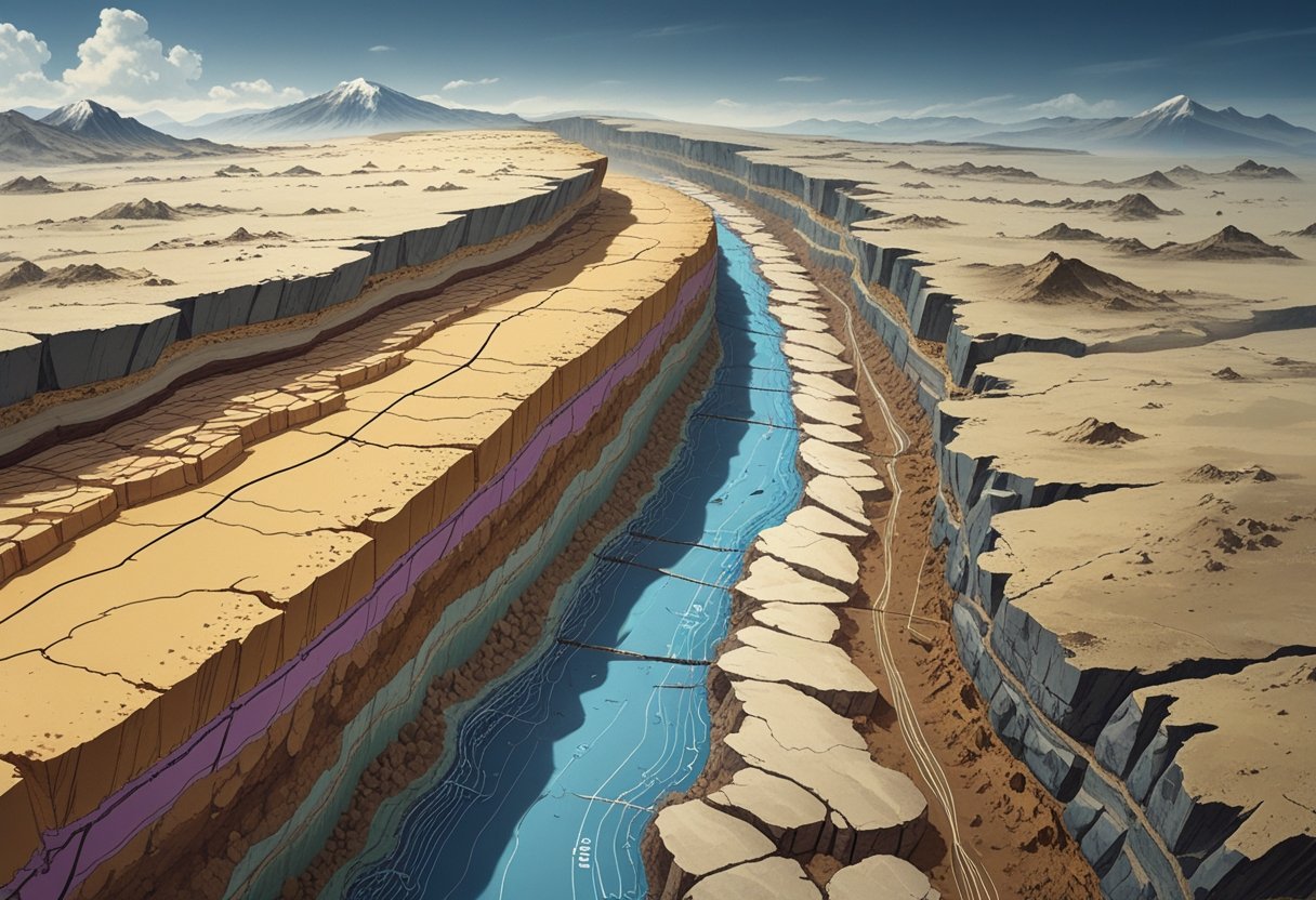 Ilustração científica mostrando a crosta terrestre com placas tectônicas se movendo e ondas sísmicas irradiando de uma falha, com montanhas e edifícios na superfície levemente tremendo.