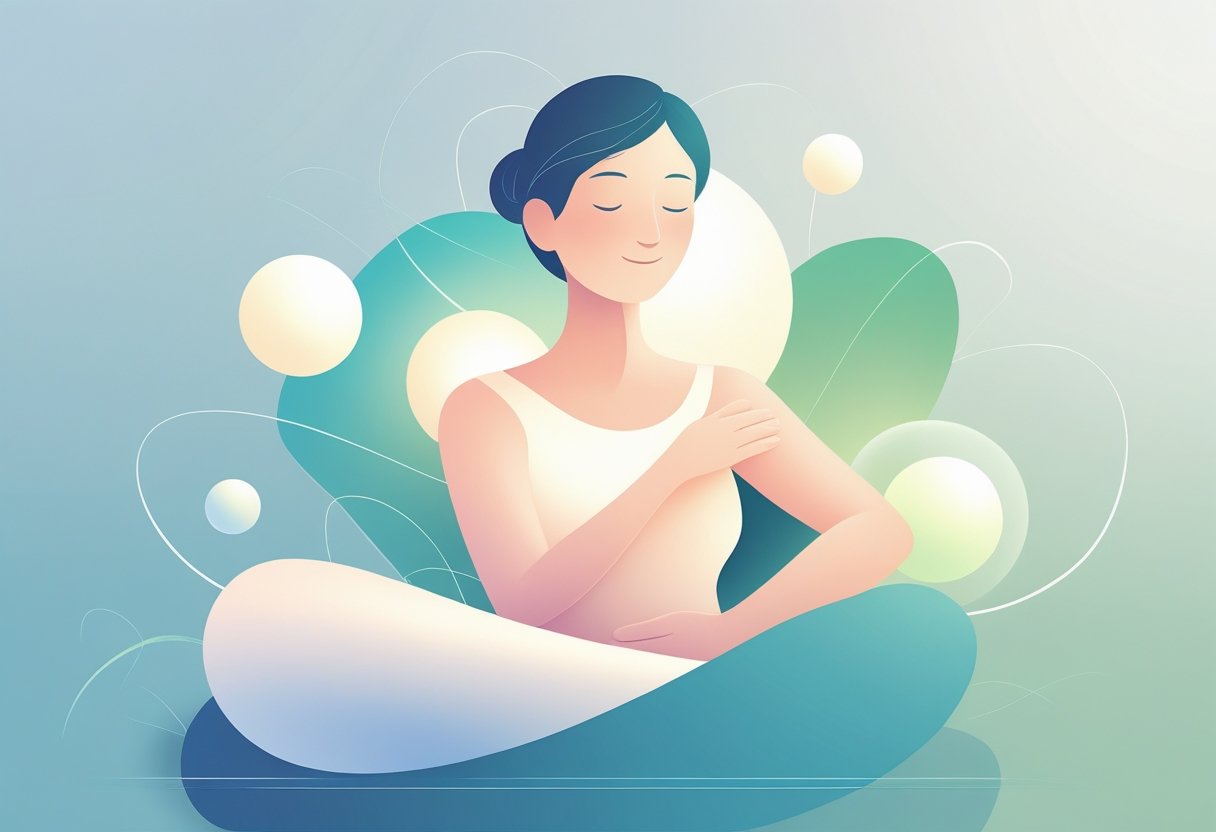 Figura humana serena em uma pose relaxada, rodeada por elementos abstratos suaves que transmitem sensação de conforto e ausência de dor.