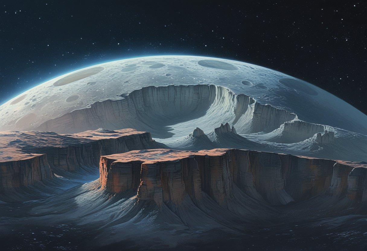 Ilustração da maior lua de Plutão, Caronte, mostrando sua superfície gelada e acidentada no espaço com Plutão ao fundo.