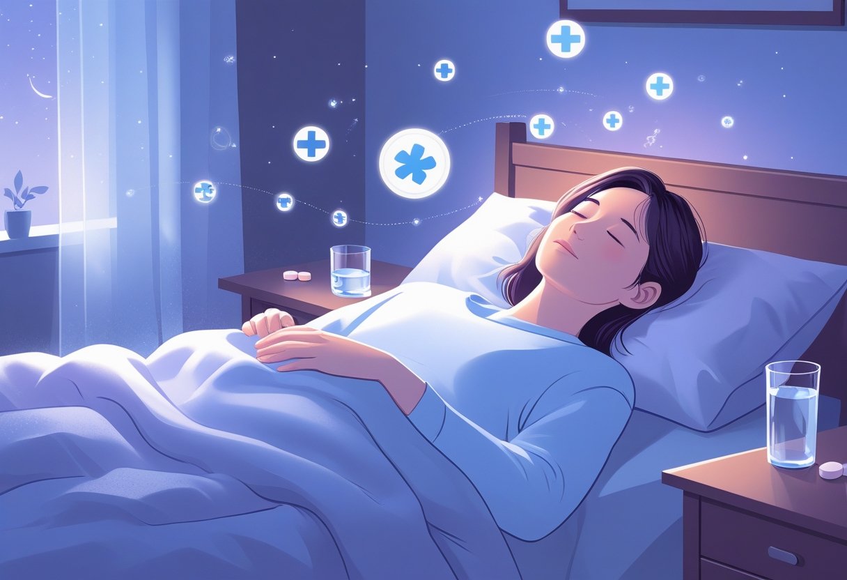 Pessoa deitada em uma cama, dormindo tranquilamente, com frascos de remédio ao lado, em um ambiente calmo e acolhedor.
