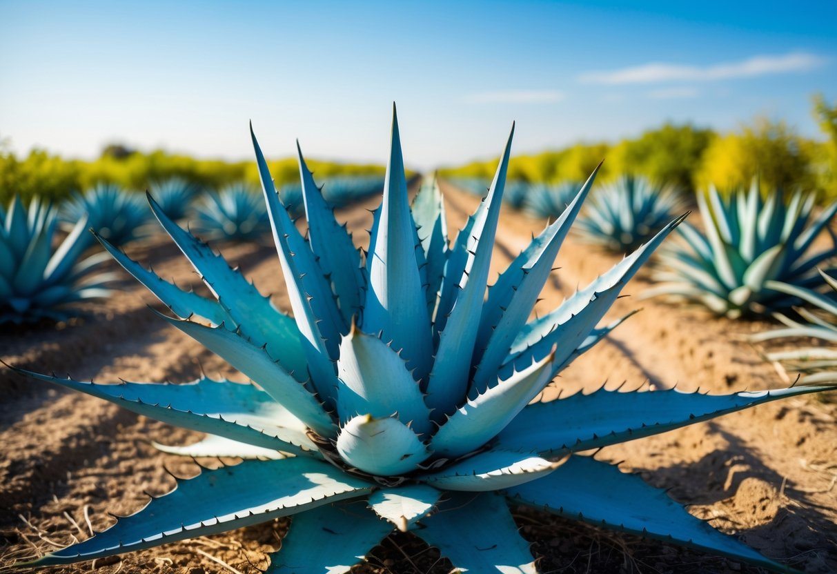 Planta de agave azul madura em um campo ao ar livre, com folhas espessas e pontiagudas, usada na produção de tequila.