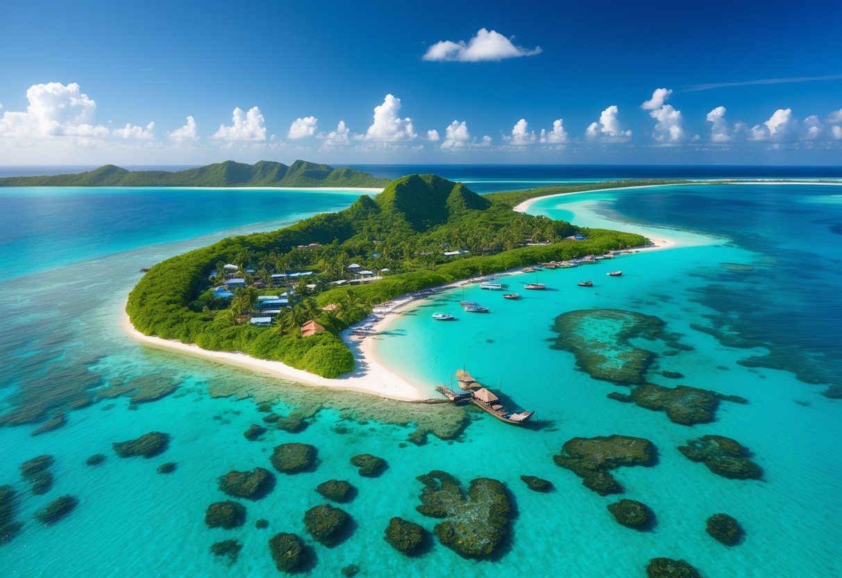Vista aérea de uma ilha tropical próxima à costa da África com águas claras, praias de areia branca e vegetação verde.