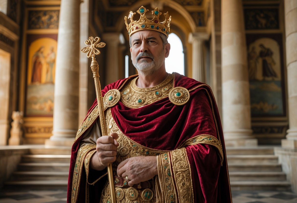 Um rei antigo vestido com coroa e manto real em um palácio majestoso, transmitindo autoridade e dignidade.