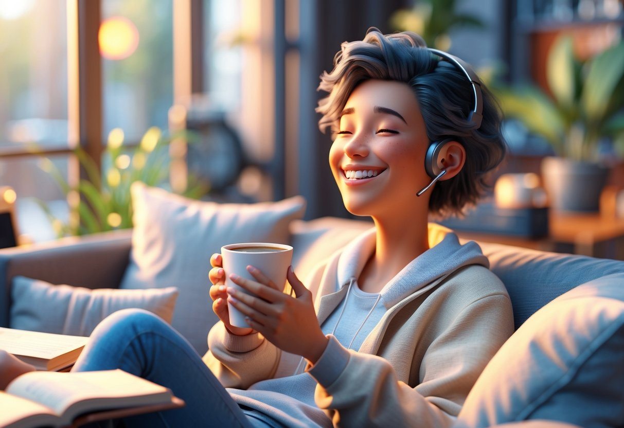 Pessoa sorrindo sentada confortavelmente, apreciando uma bebida em um ambiente acolhedor e tranquilo.