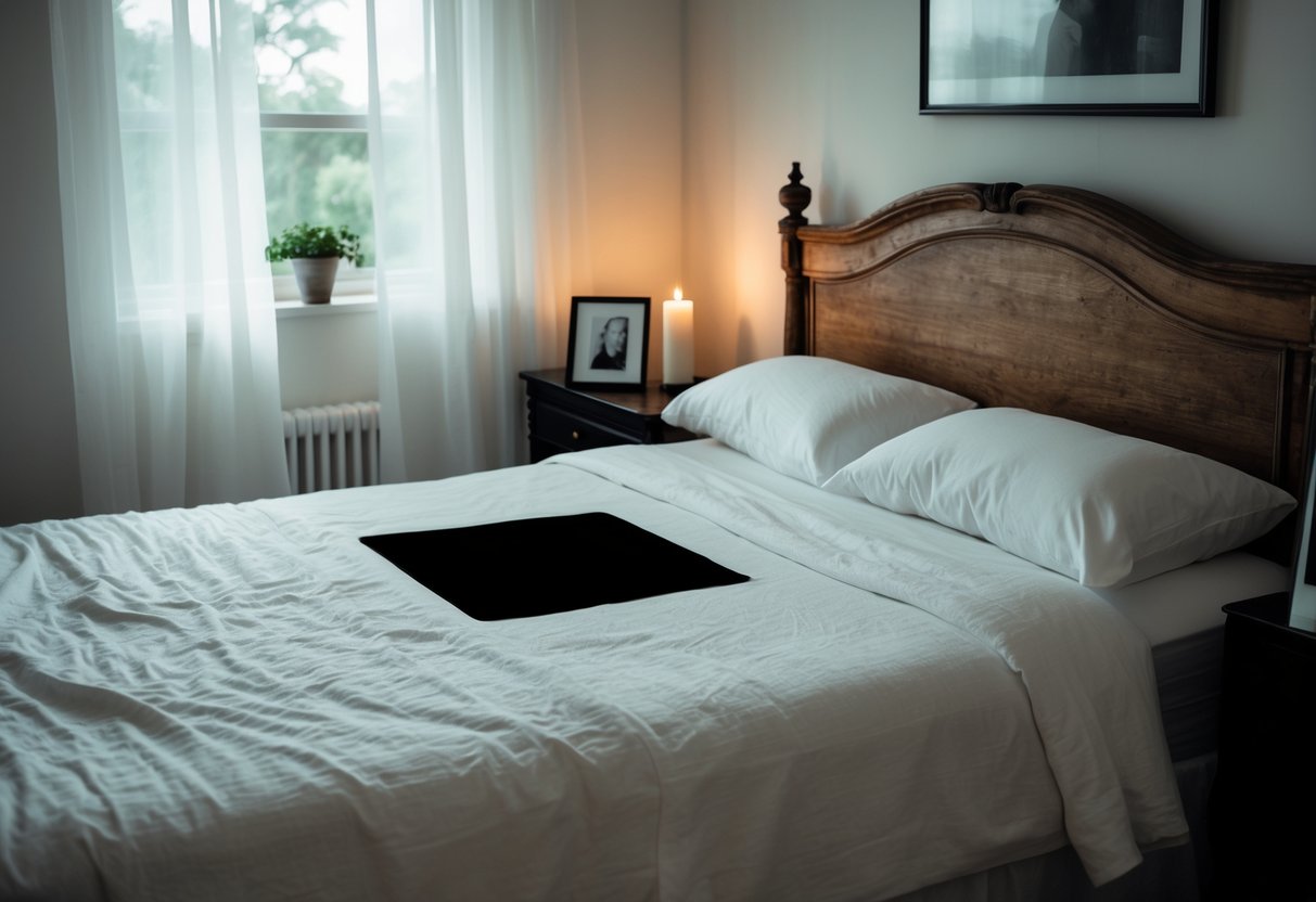 Quarto tranquilo com cama arrumada, vela acesa e foto em preto e branco sobre a mesa de cabeceira.