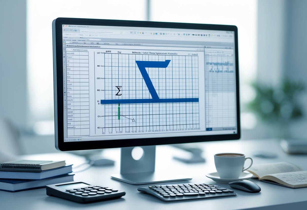 Mesa de trabalho com computador mostrando fórmula matemática com sigma, calculadora e caderno com anotações.