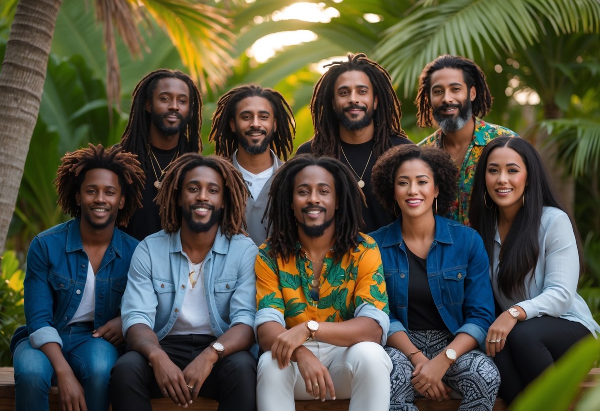 Um grupo diversificado de adultos ao ar livre em um ambiente tropical, representando os filhos de Bob Marley, com roupas coloridas e expressões amigáveis.