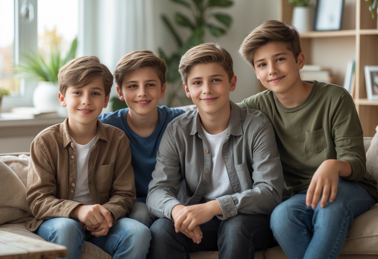 Quatro irmãos juntos em uma sala de estar aconchegante, sorrindo e próximos uns dos outros.