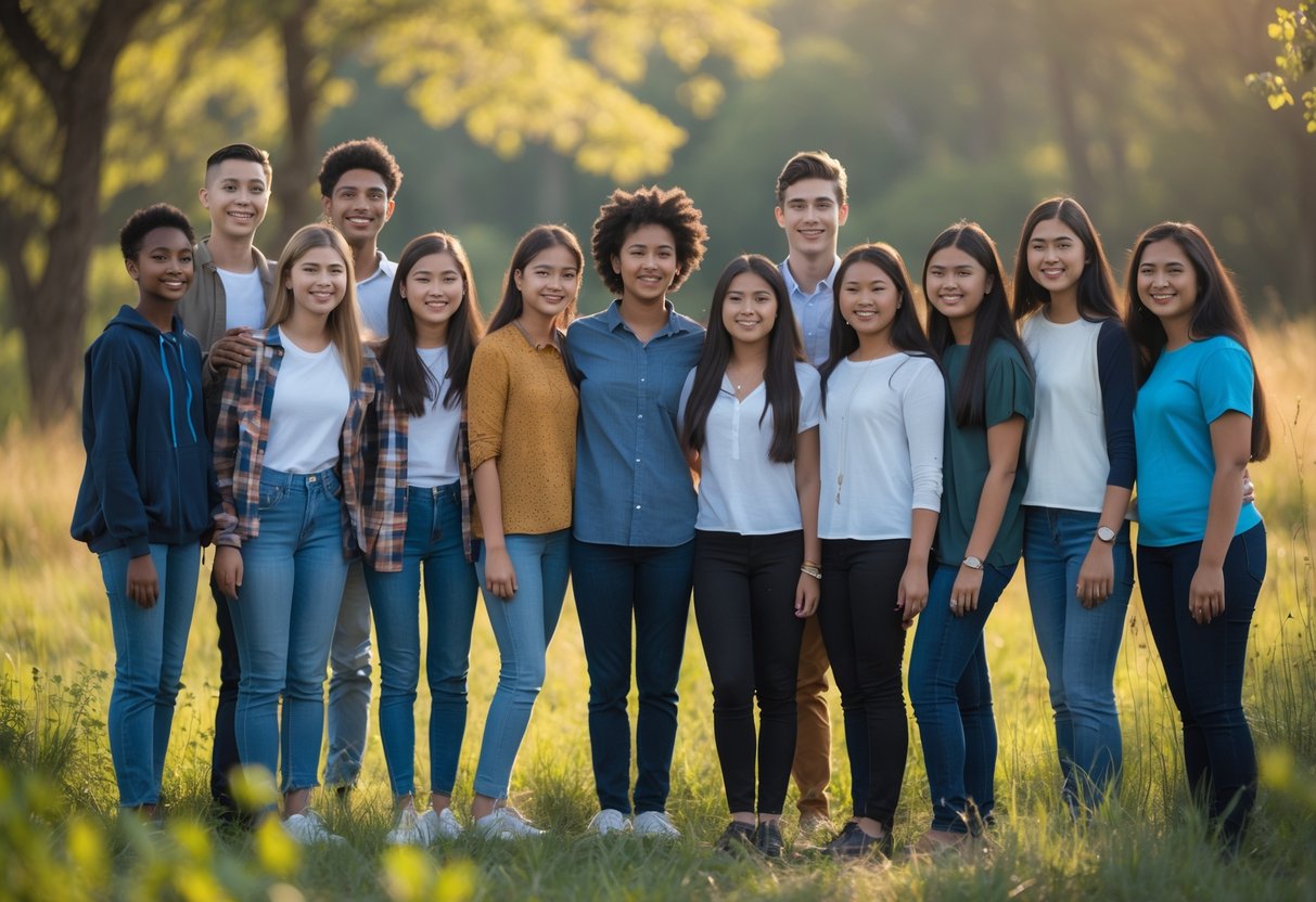Um grupo diverso de jovens e adolescentes sorrindo juntos ao ar livre em um ambiente natural.