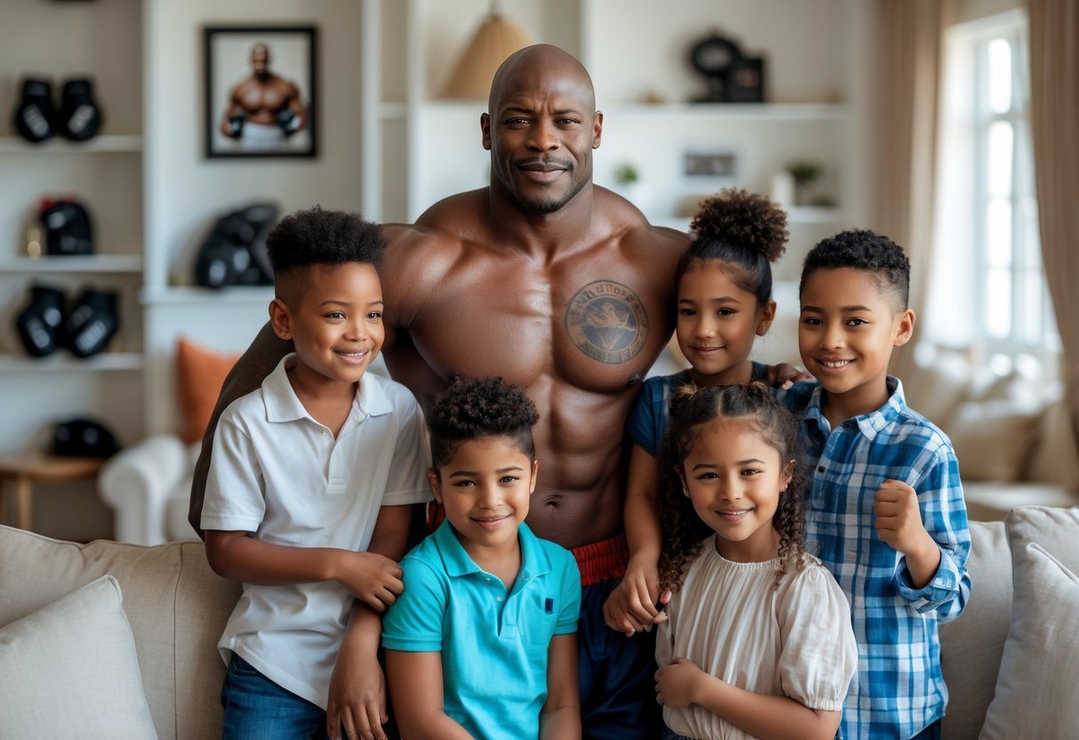 Homem forte parecido com um boxeador cercado por várias crianças sorrindo em uma sala iluminada e aconchegante.