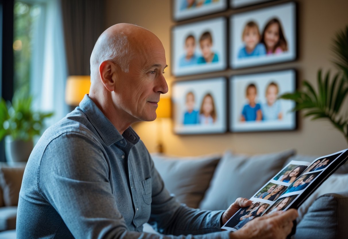 Homem pensativo em uma sala de estar moderna olhando um álbum de fotos de família com quatro crianças nas imagens.