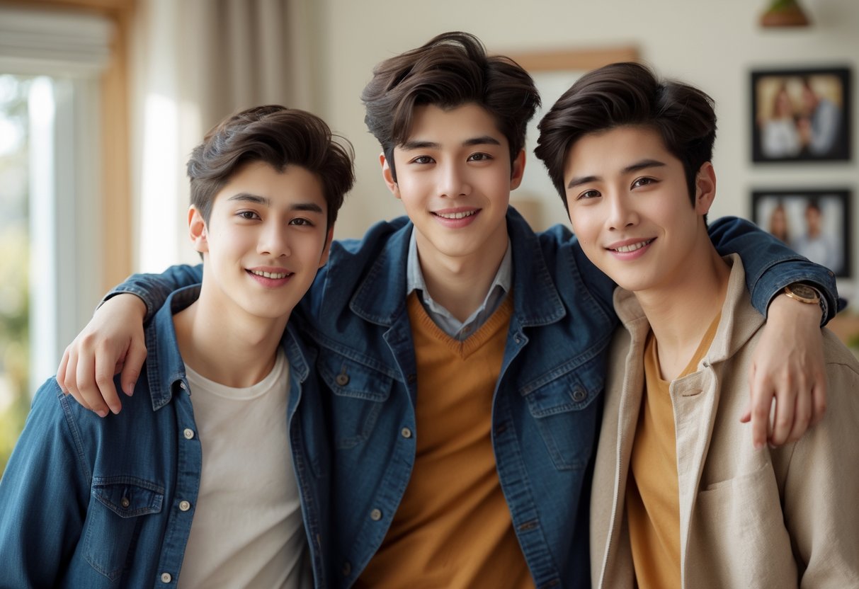 Três irmãos jovens posando juntos em um ambiente doméstico acolhedor, sorrindo e com roupas casuais.