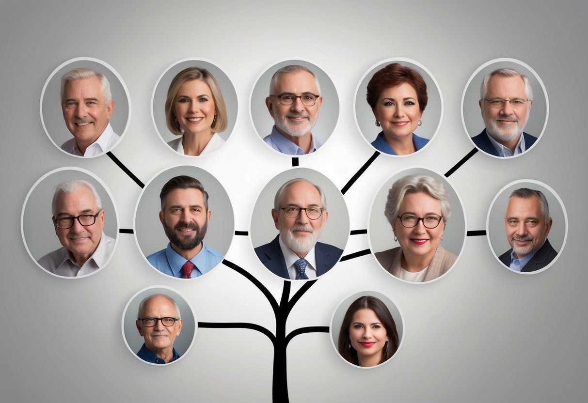 Retratos de várias gerações de uma família organizados em uma árvore genealógica, mostrando a conexão entre tataranetos e a geração seguinte.