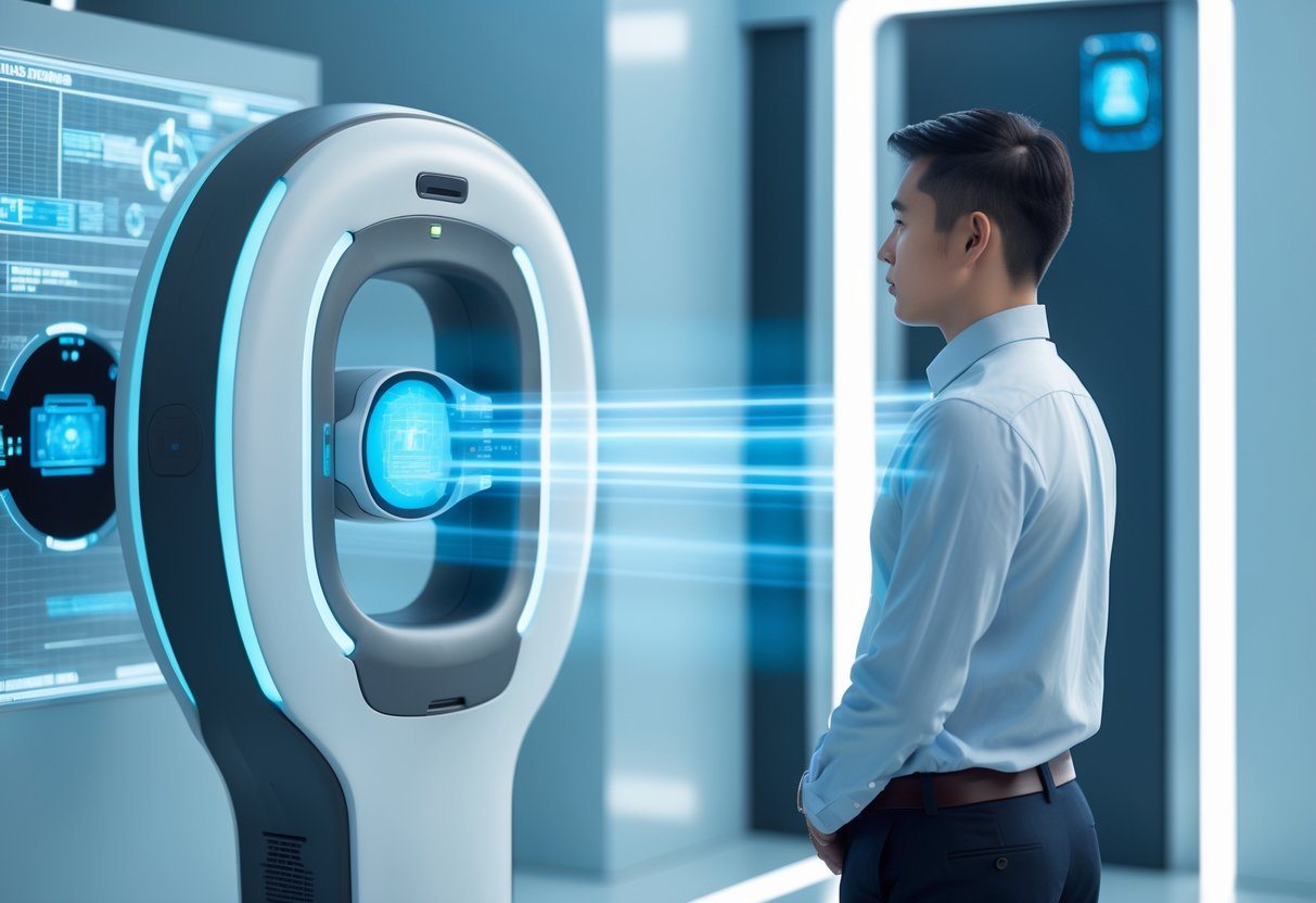 Pessoa sendo escaneada por um dispositivo de segurança futurista com luzes azuis em um ambiente tecnológico.