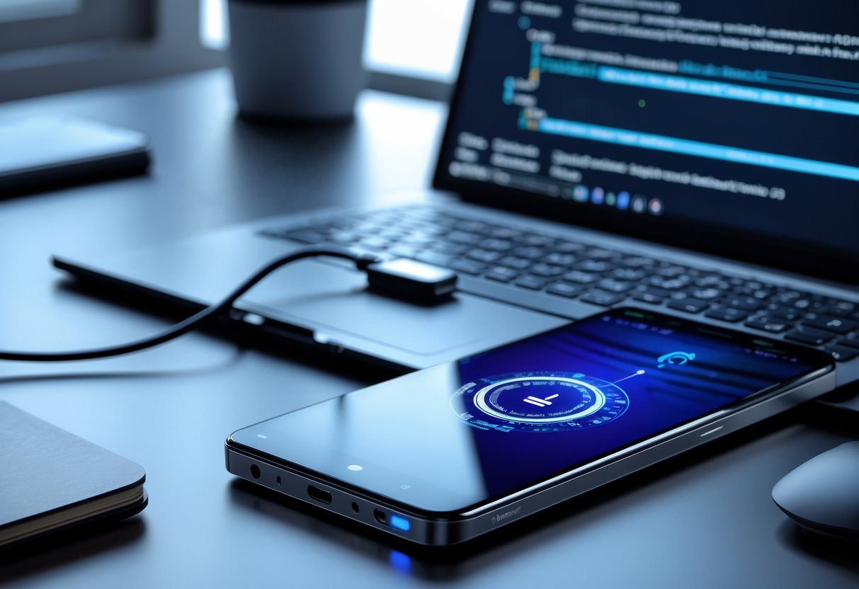 Um smartphone Xiaomi conectado a um laptop mostrando uma interface de fastboot em um ambiente de trabalho moderno.