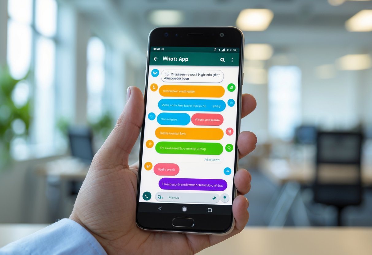 Uma mão segurando um smartphone com a interface de conversa do WhatsApp visível, em um ambiente de escritório desfocado ao fundo.