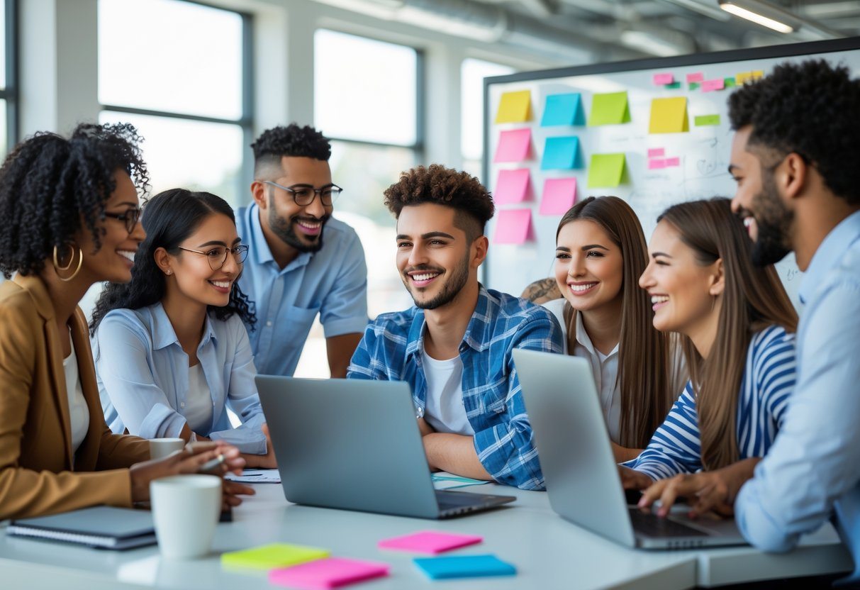 Um grupo diversificado de jovens adultos em um escritório moderno, com um homem sorridente chamado Gabriel interagindo com colegas durante uma sessão de brainstorming.