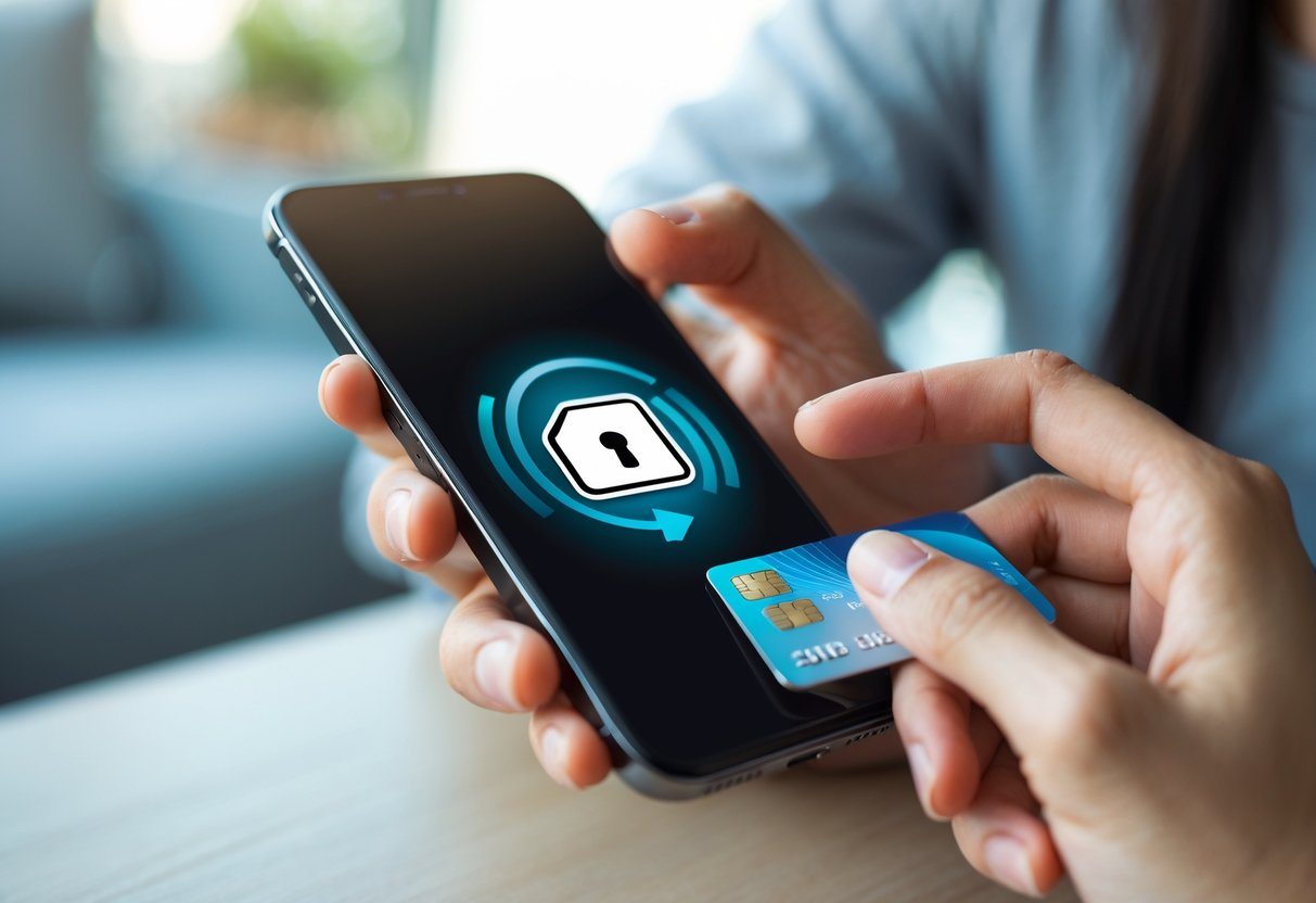 Pessoa segurando um smartphone com ícone de chip bloqueado na tela e um cartão de crédito próximo, simbolizando desbloqueio do chip.