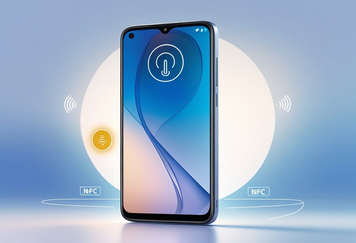 Ilustração de um smartphone moderno com ícones abstratos que representam tecnologia NFC ao redor.