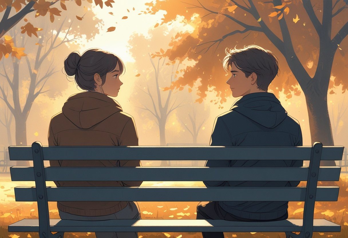 Duas pessoas sentadas lado a lado em um banco de parque, olhando em direções opostas, transmitindo distância emocional em um ambiente de outono.