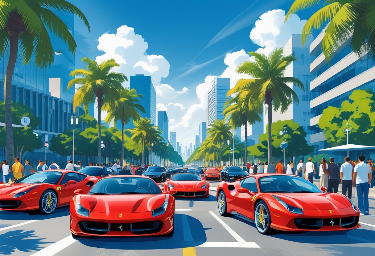 Vários carros esportivos Ferrari vermelhos em uma rua movimentada de uma cidade brasileira, com pessoas ao redor e prédios ao fundo.