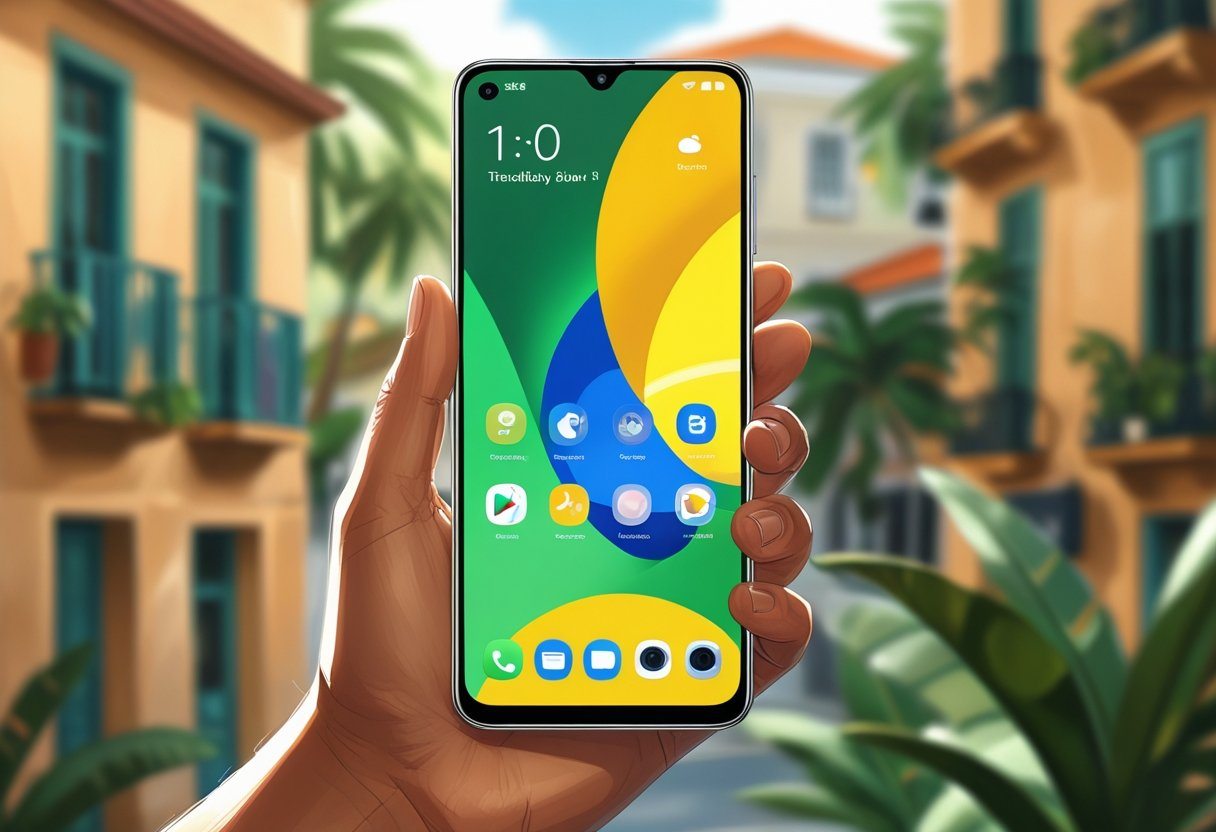 Uma mão segurando um smartphone moderno com elementos visuais inspirados na cultura brasileira ao fundo.
