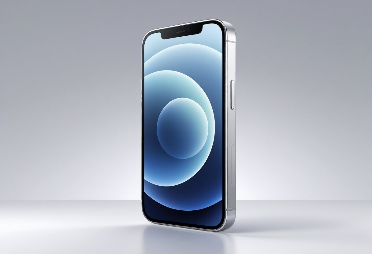 Um smartphone moderno com design elegante e tela grande, exibido em fundo cinza claro.
