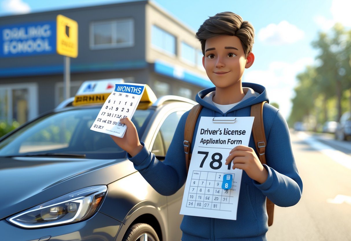 Jovem segurando formulário de carteira de motorista e calendário, ao lado de carro em ambiente urbano.