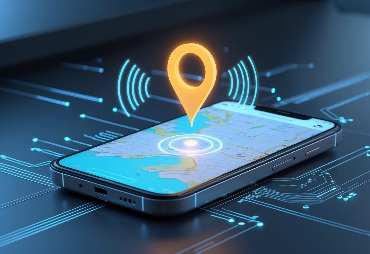 Um smartphone moderno mostrando um mapa digital com um marcador de localização brilhante e sinais holográficos ao redor, representando tecnologia de rastreamento.