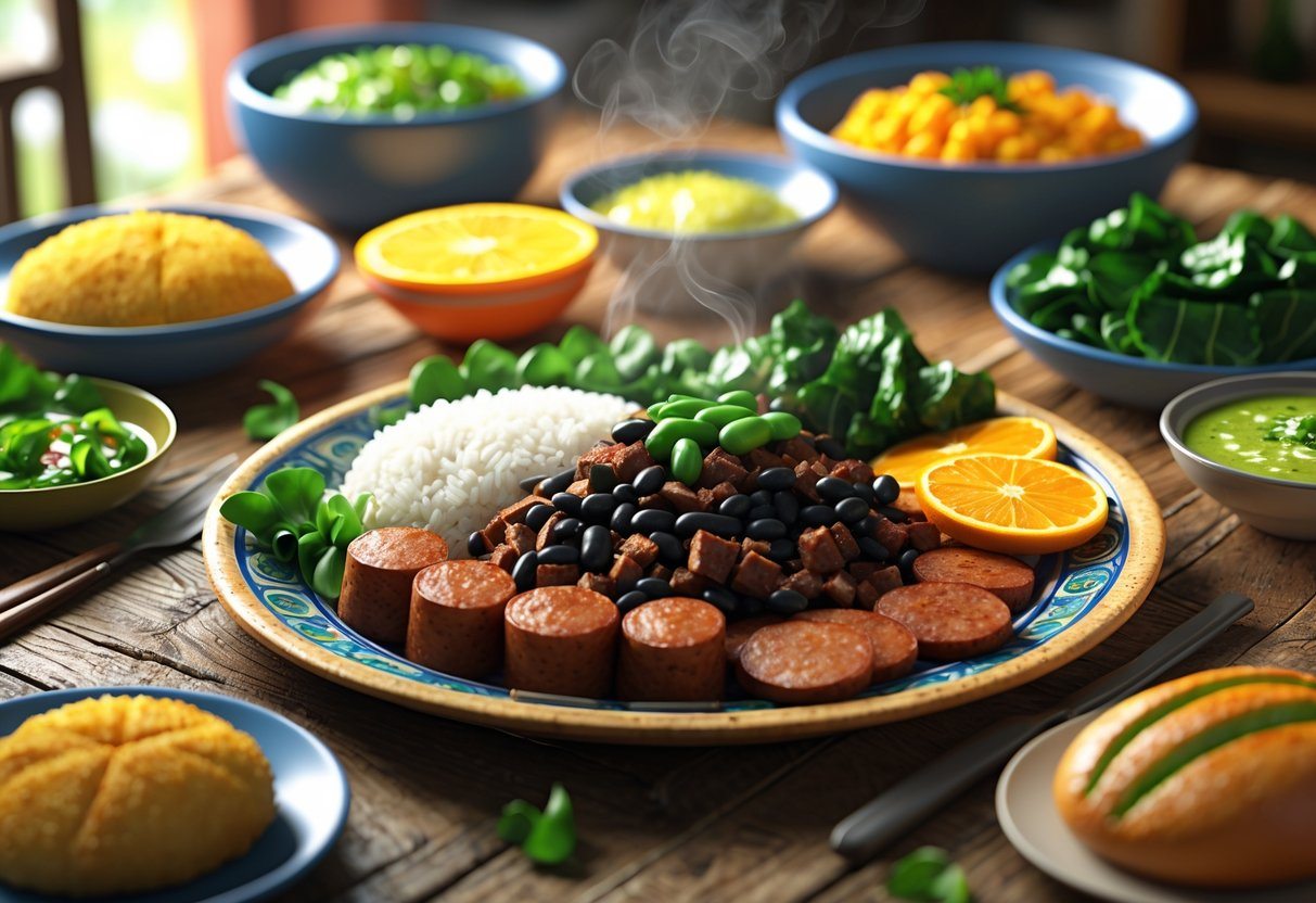 Prato tradicional da região sudeste do Brasil com feijoada, arroz, couve, laranja, farofa e pão de queijo em uma mesa rústica.