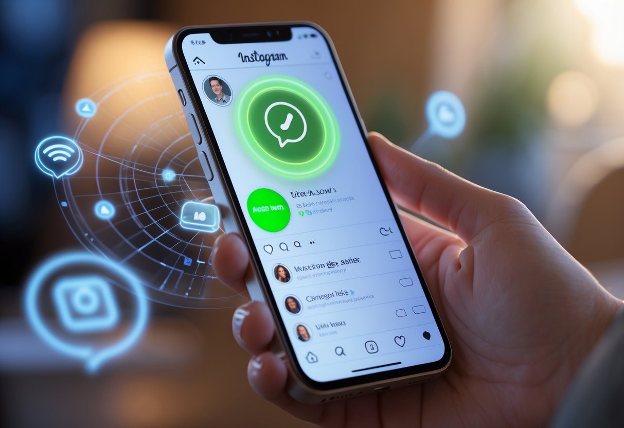 Uma mão segurando um smartphone que mostra a tela do Instagram com o indicador de online ativo ao lado do perfil de um usuário.
