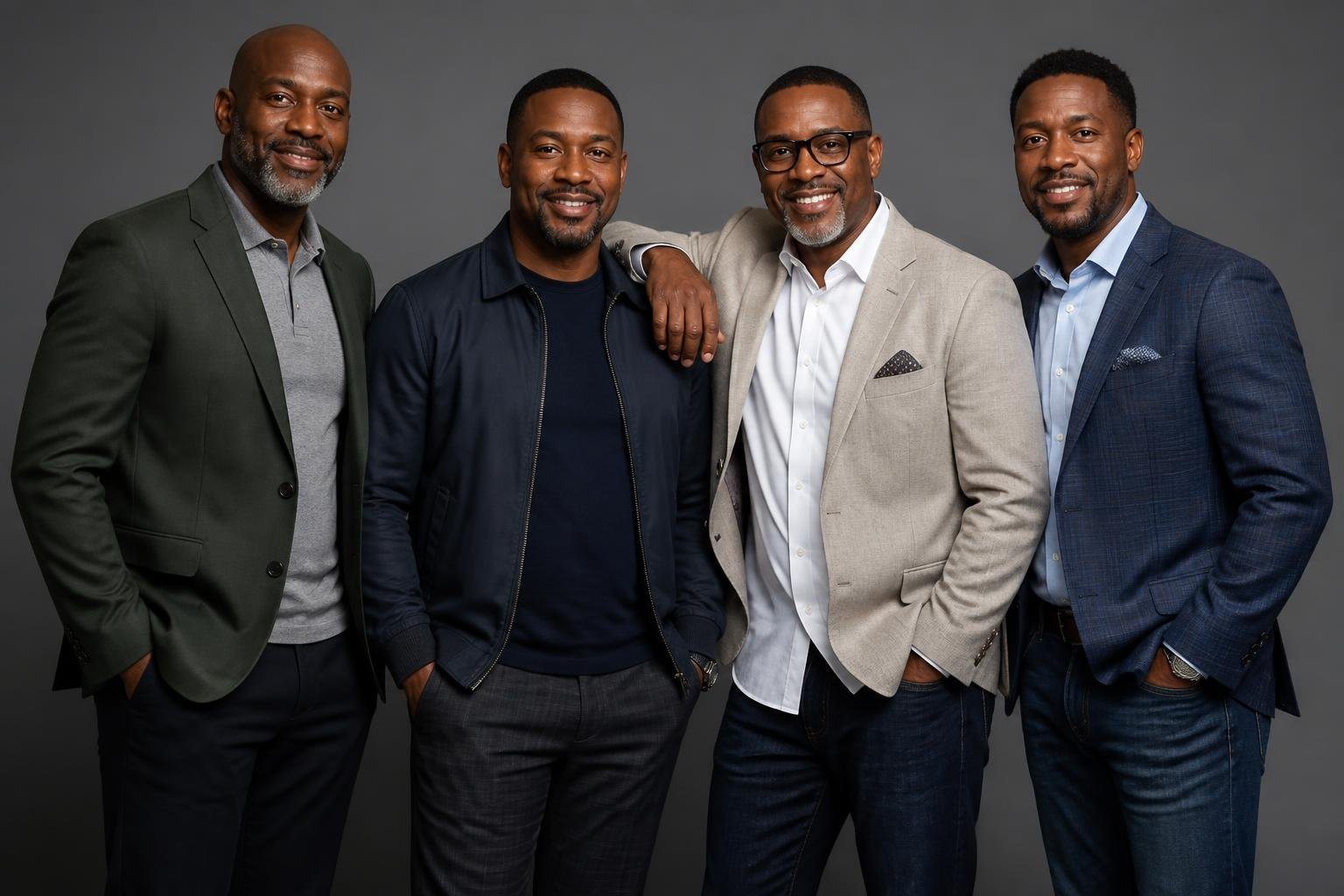 Quatro homens afro-americanos adultos posando juntos com roupas casuais elegantes, sorrindo em um estúdio moderno.