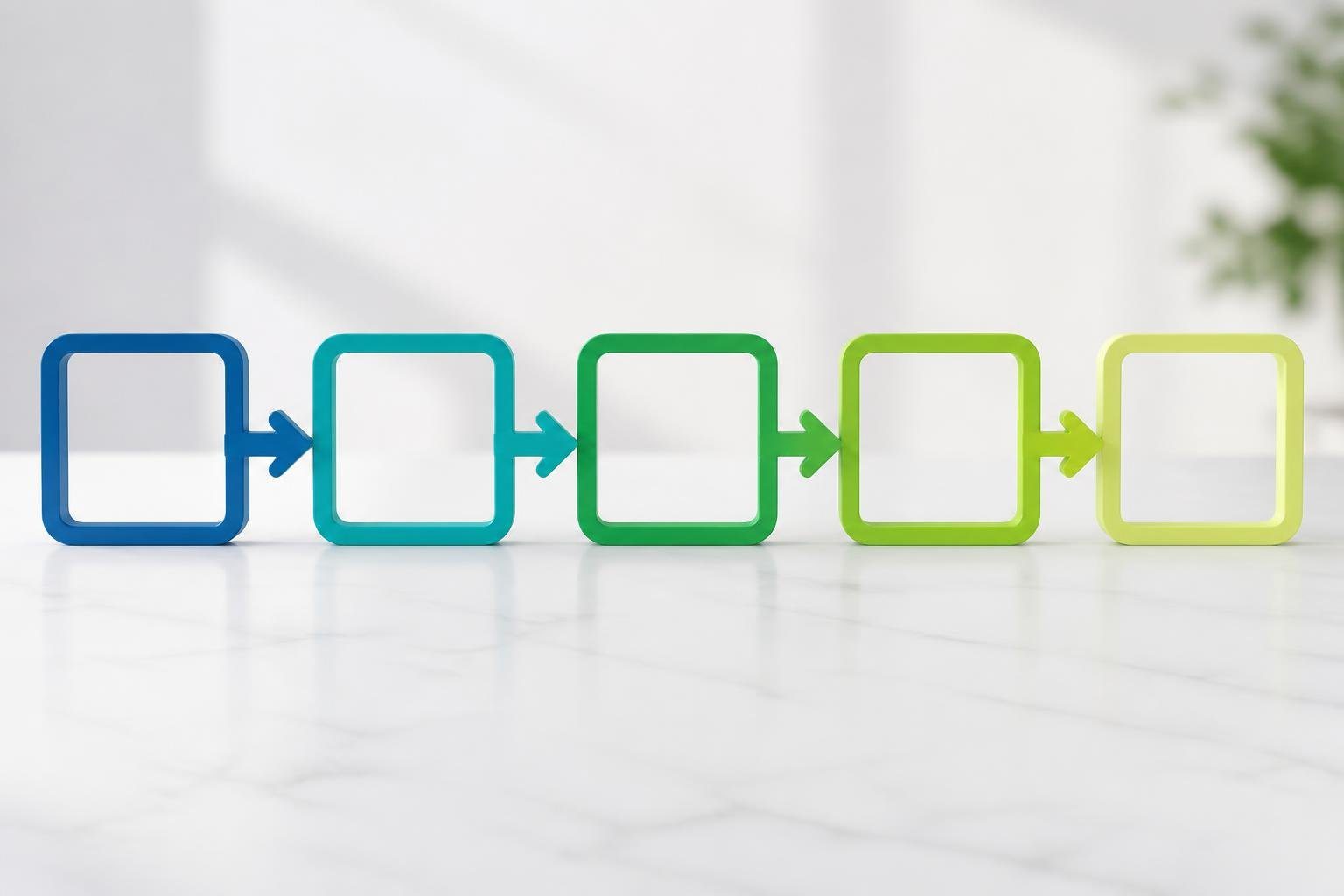 Sequência de etapas conectadas em um fundo claro e minimalista, mostrando progresso e continuidade.
