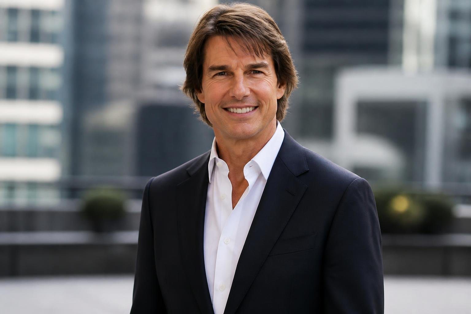 Homem parecido com Tom Cruise em pé, vestindo terno escuro, em ambiente urbano moderno.