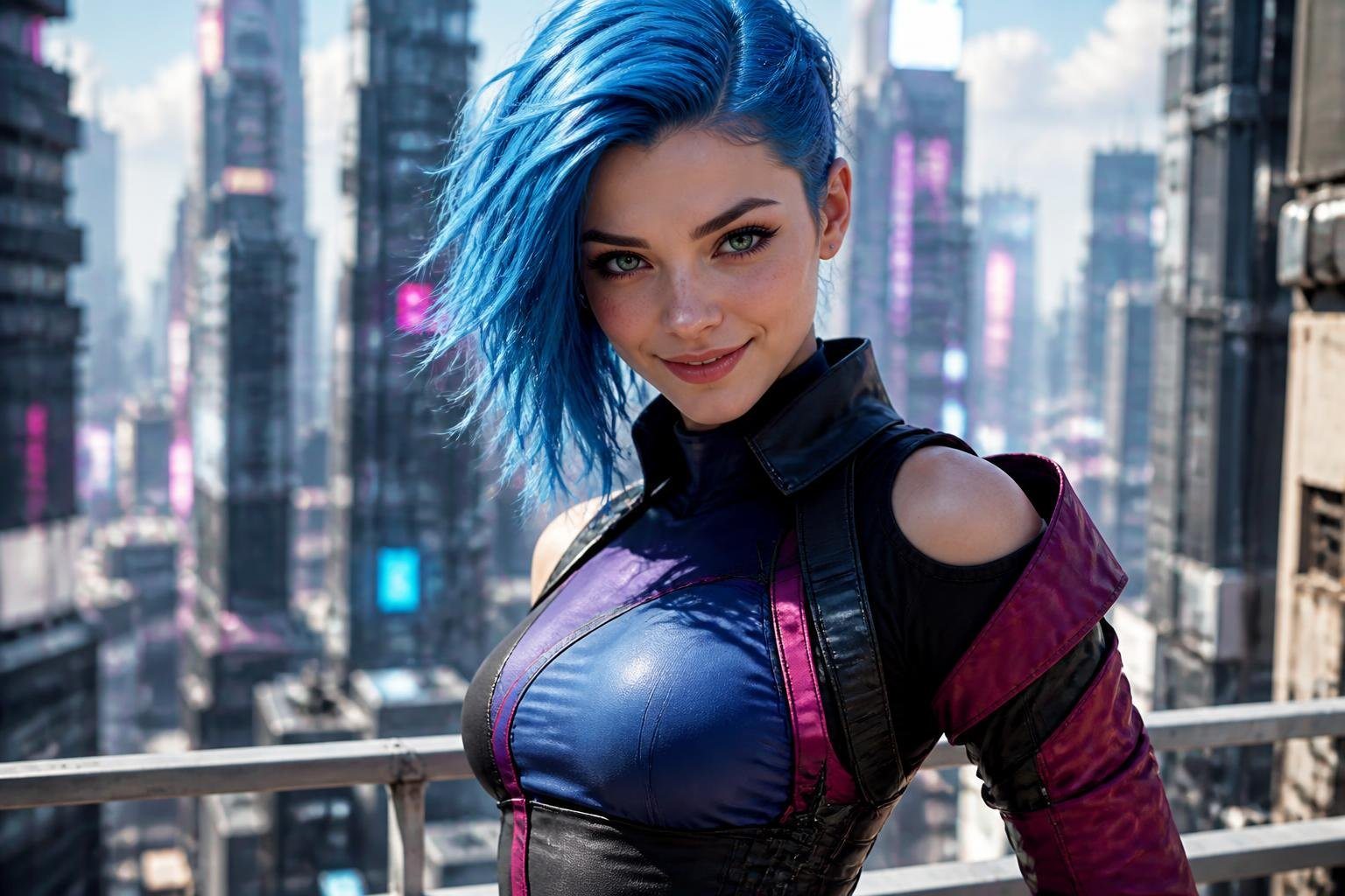 Jovem mulher com cabelo azul curto em pé em uma cidade futurista com prédios iluminados ao fundo, com expressão confiante e sorriso leve.
