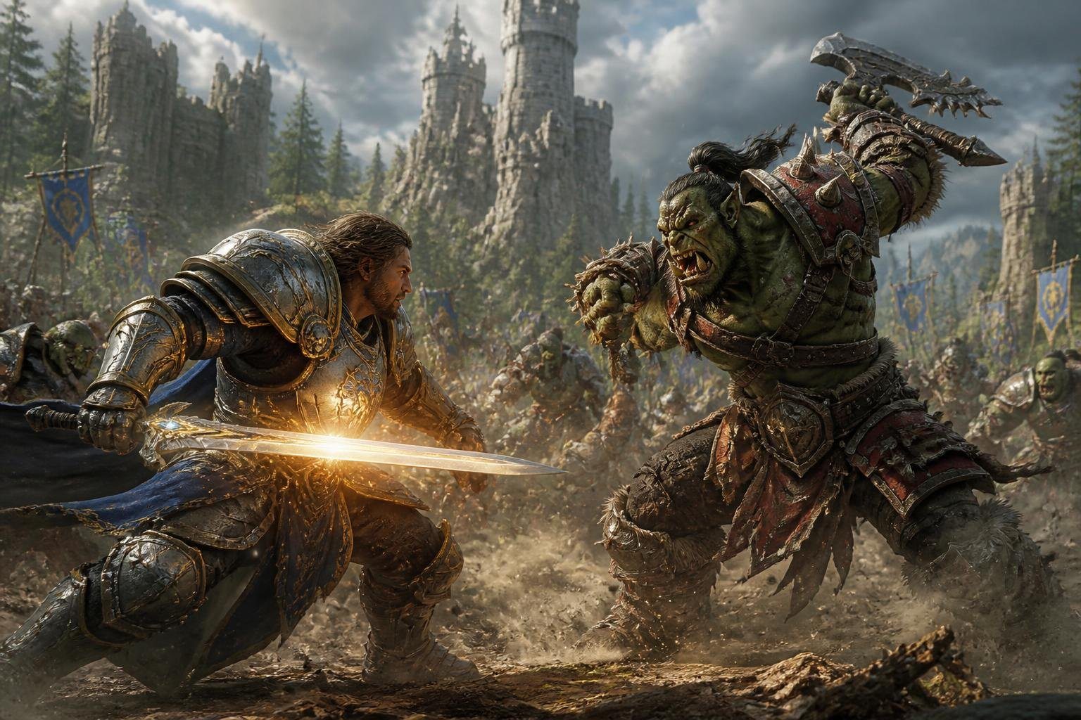 Cena de batalha épica entre um cavaleiro humano e um guerreiro orc em um cenário de castelos antigos e florestas místicas.